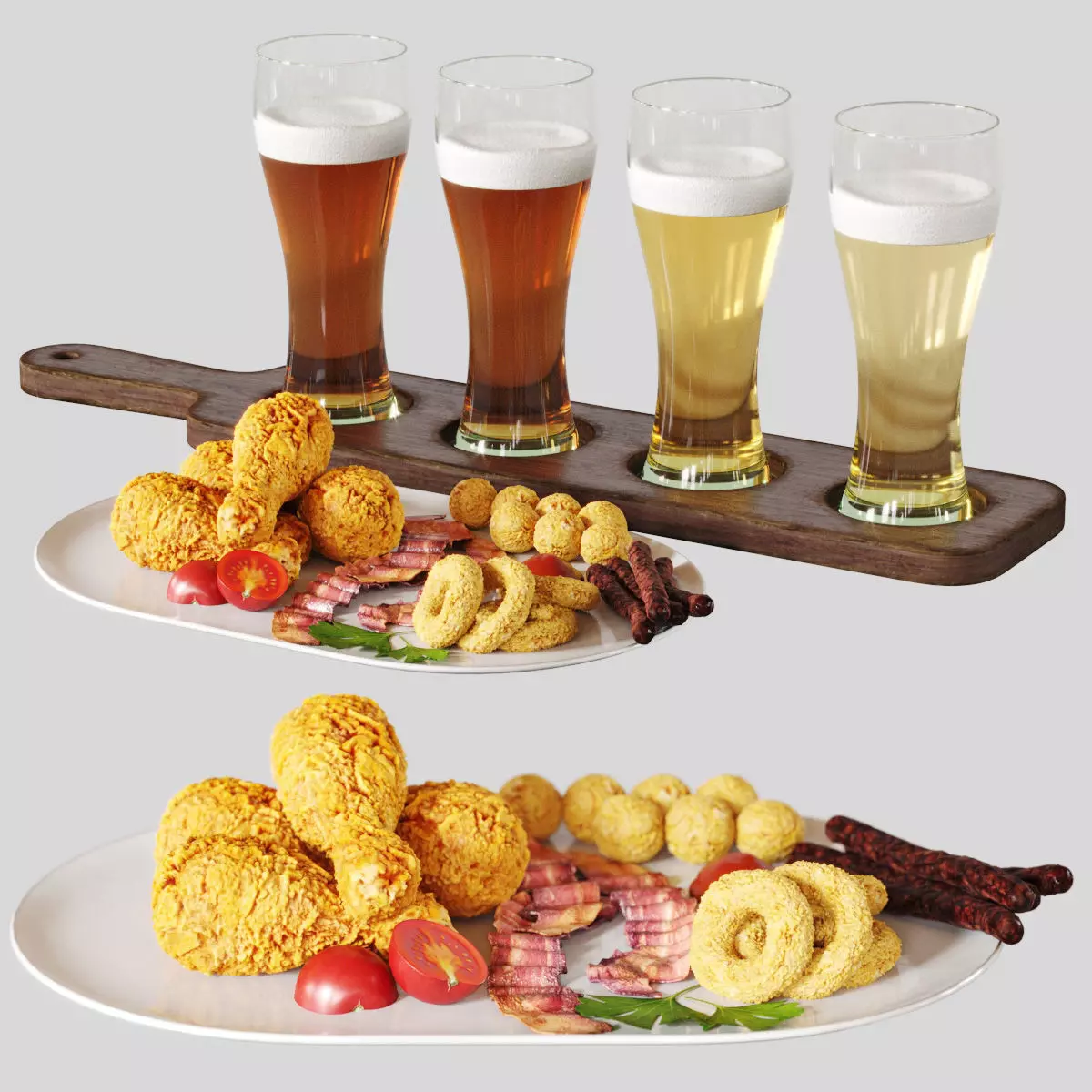 Beer set wooden tray with four holes 3D model_0