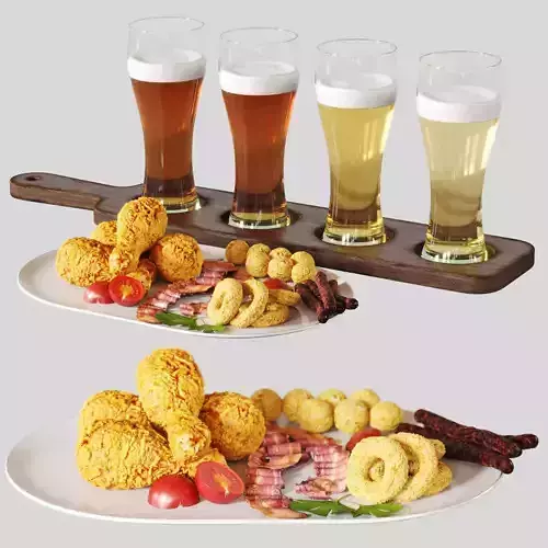 Beer set wooden tray with four holes 3D model