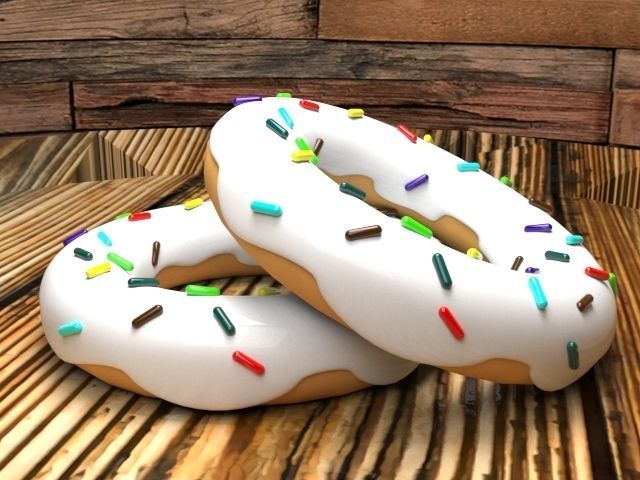 Donut 3d model two donuts with sprinkles on wooden table Low-poly 3D model_1