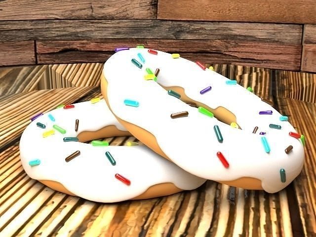 Donut 3d model two donuts with sprinkles on wooden table Low-poly 3D model