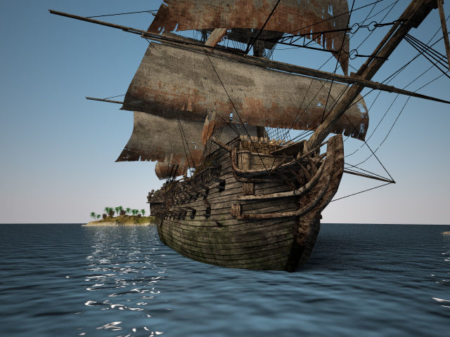 Three-deck linear galleon period 16-18 century Pirate ship Low-poly 3D model_12