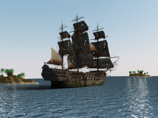 Three-deck linear galleon period 16-18 century Pirate ship Low-poly 3D model_10