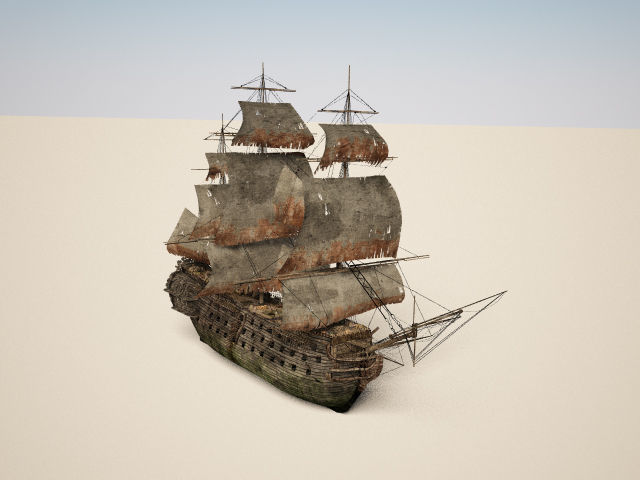 Three-deck linear galleon period 16-18 century Pirate ship Low-poly 3D model_4
