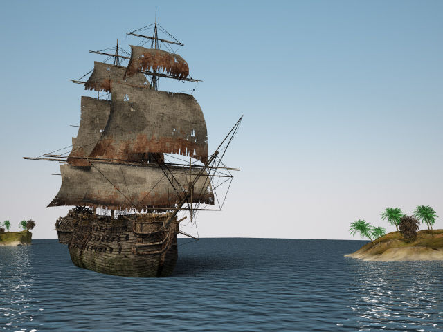 Three-deck linear galleon period 16-18 century Pirate ship Low-poly 3D model_2