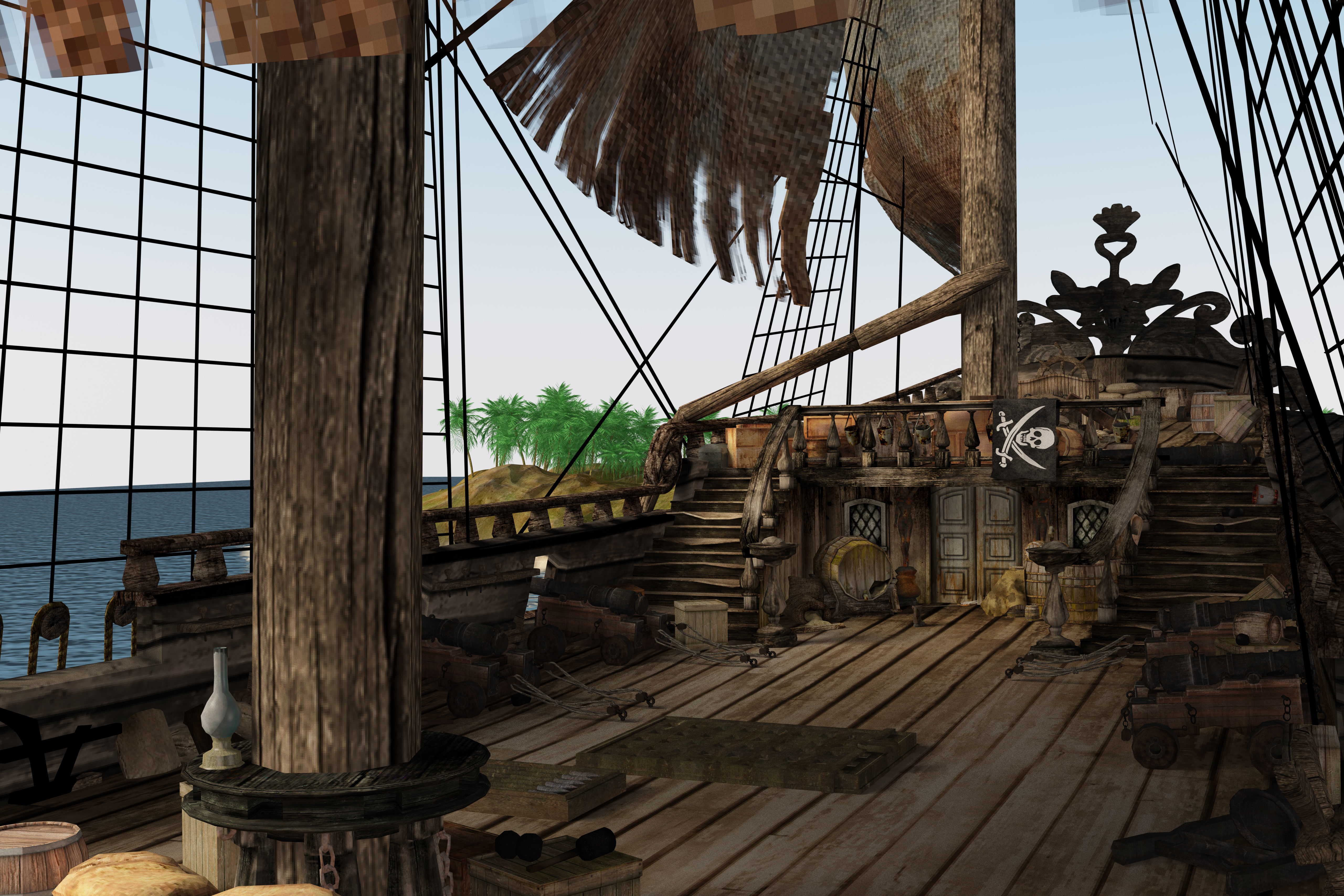 Three-deck linear galleon period 16-18 century Pirate ship Low-poly 3D model_3