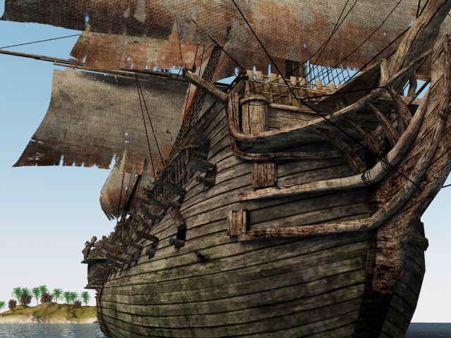 Three-deck linear galleon period 16-18 century Pirate ship Low-poly 3D model_15