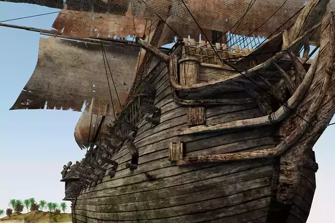 Three-deck linear galleon period 16-18 century Pirate ship Low-poly 3D model
