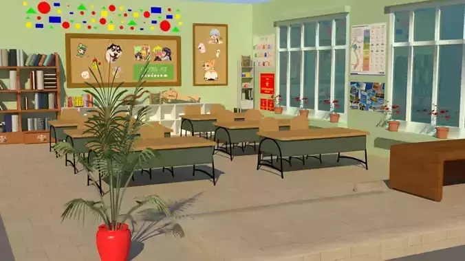 classroom 3d with desks and plants