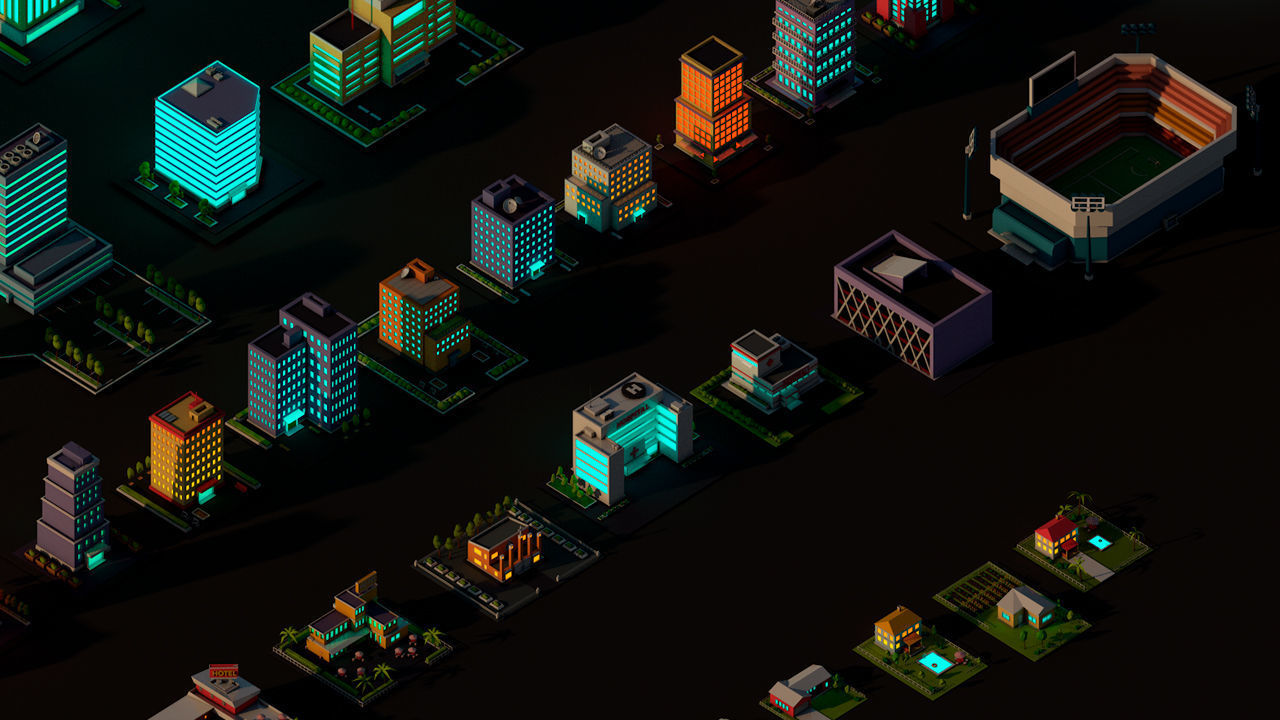 Cartoon Low Poly Night City Buildings Pack Low-poly 3D model_6