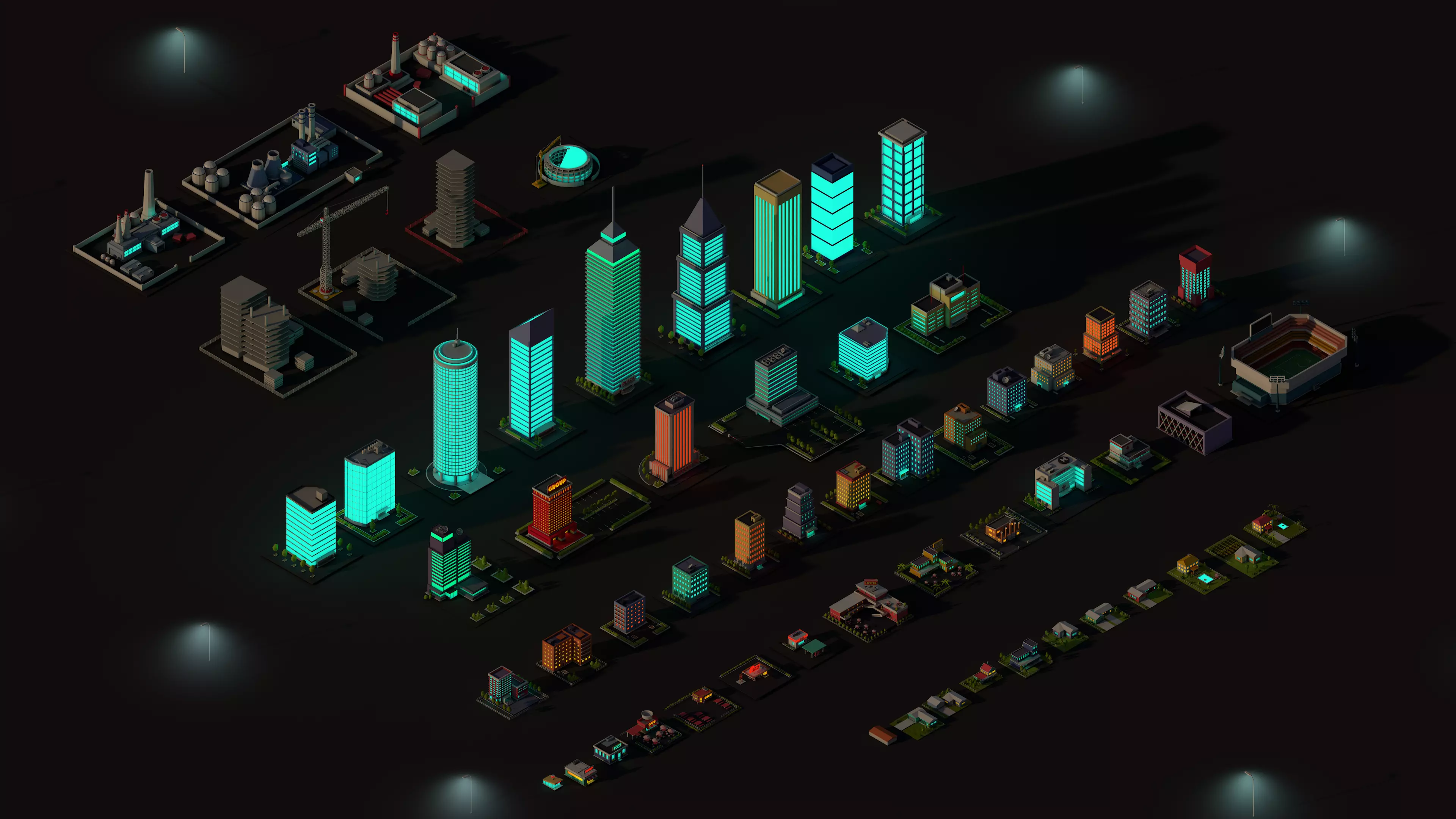 Cartoon Low Poly Night City Buildings Pack Low-poly 3D model_0