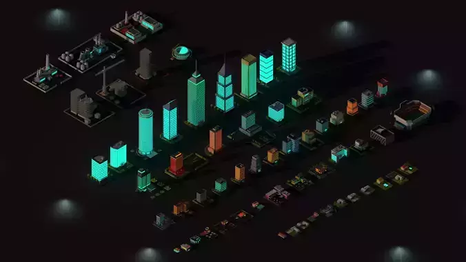 Cartoon Low Poly Night City Buildings Pack Low-poly 3D model