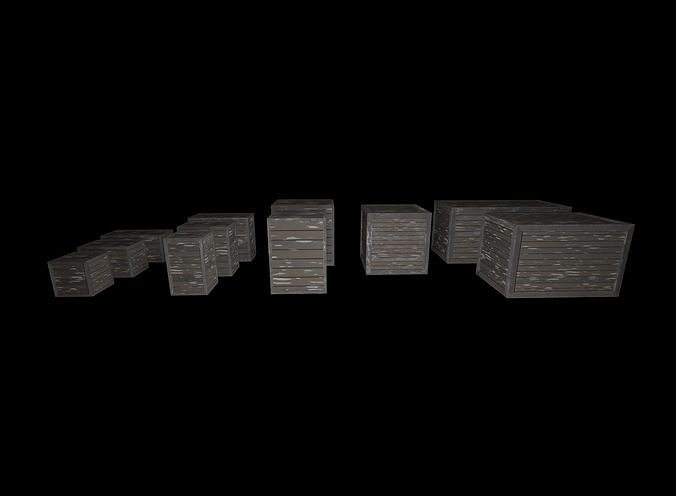 Wooden box set Low-poly 3D model