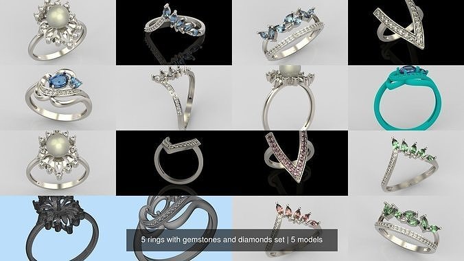 5 Women rings with gemstones set 3dm stl 3D print model 3D Model Collection