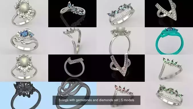 5 Women rings with gemstones set 3dm stl 3D print model 3D Model Collection