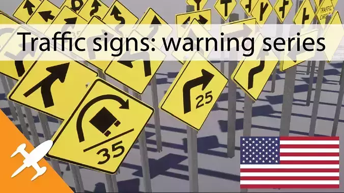 Traffic signs USA warning series Low-poly 3D model