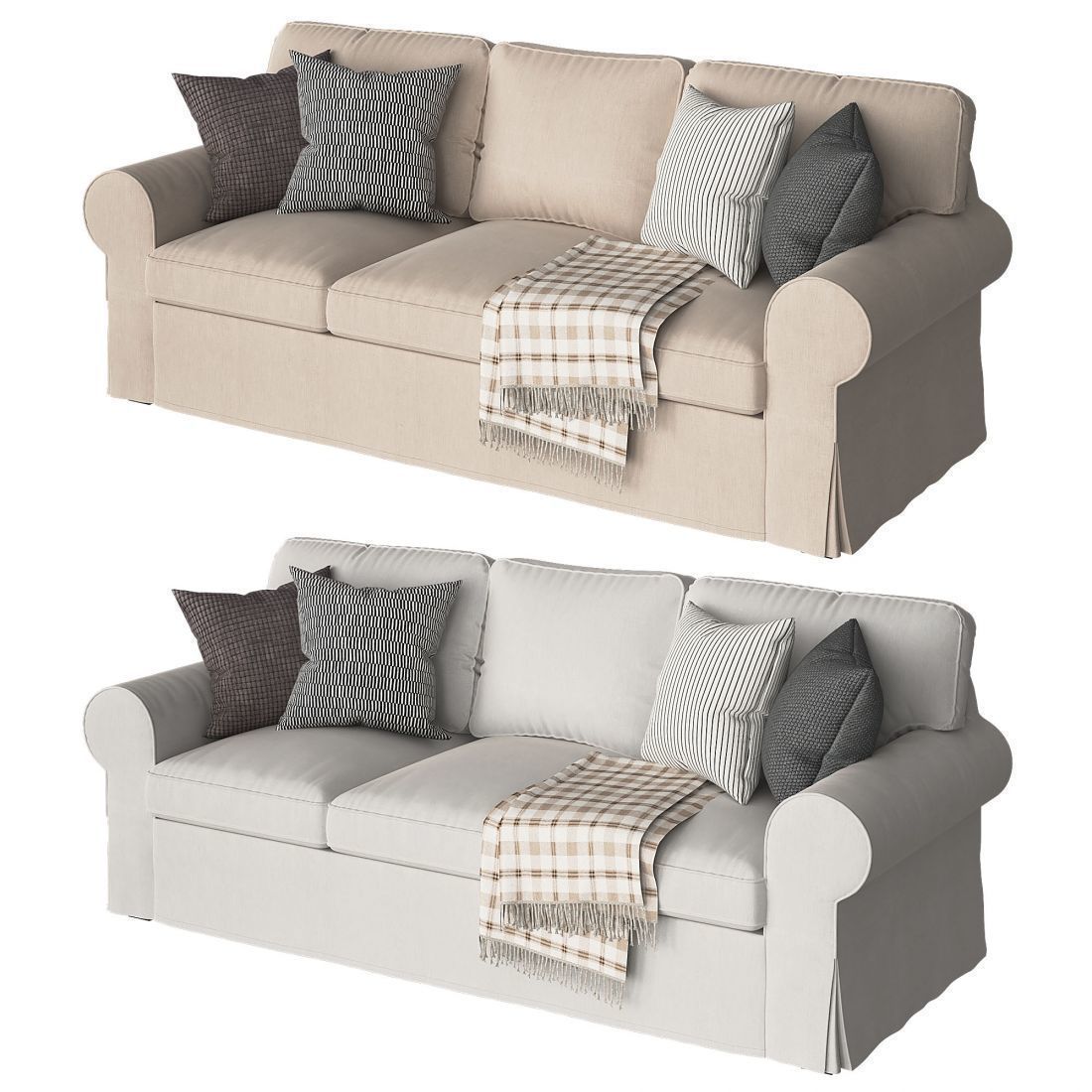 Ektorp 3 sofa with throw pillows and blankets 3D model_1