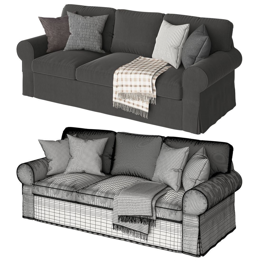 Ektorp 3 sofa with throw pillows and blankets 3D model_3