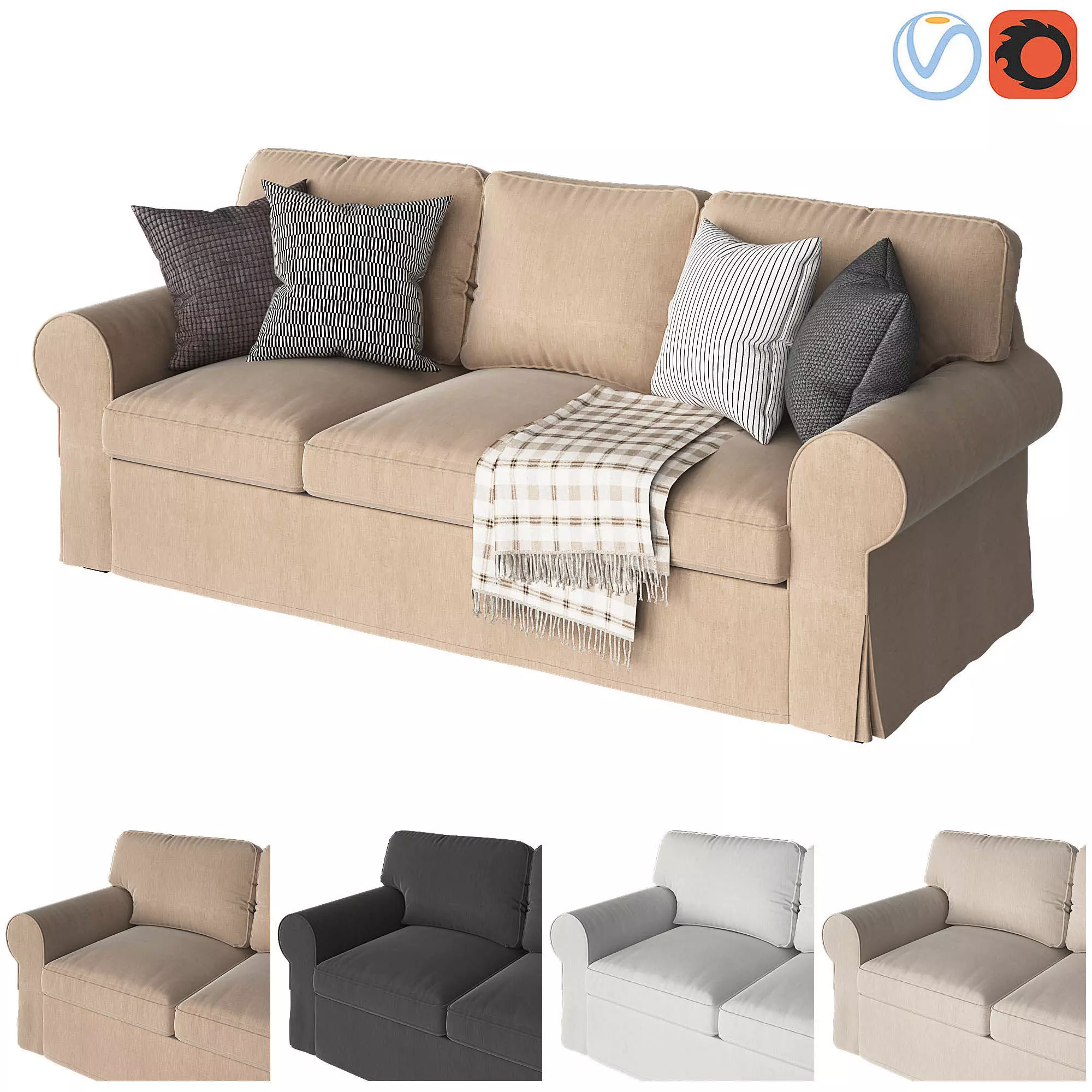 Ektorp 3 sofa with throw pillows and blankets 3D model_0