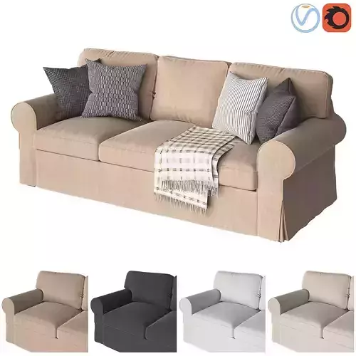 Ektorp 3 sofa with throw pillows and blankets