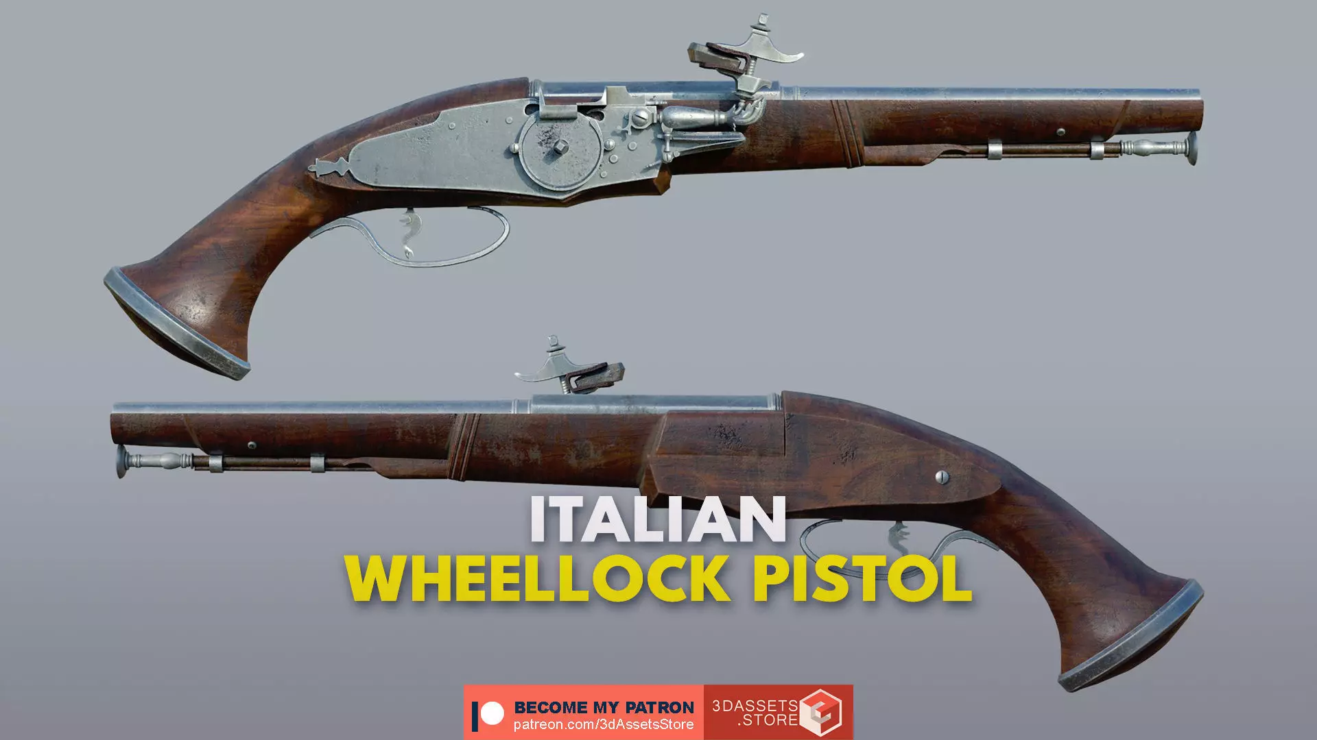 Weapon - Flintlock - Italian Wheellock Pistol Low-poly 3D model_0