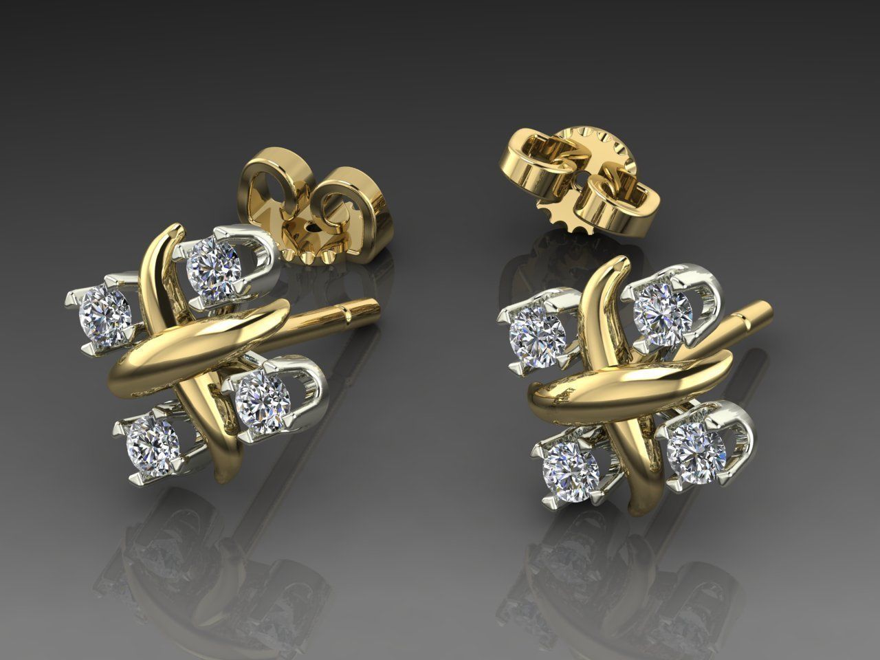 Earrings 3 diamond stud gold 3D print model_4