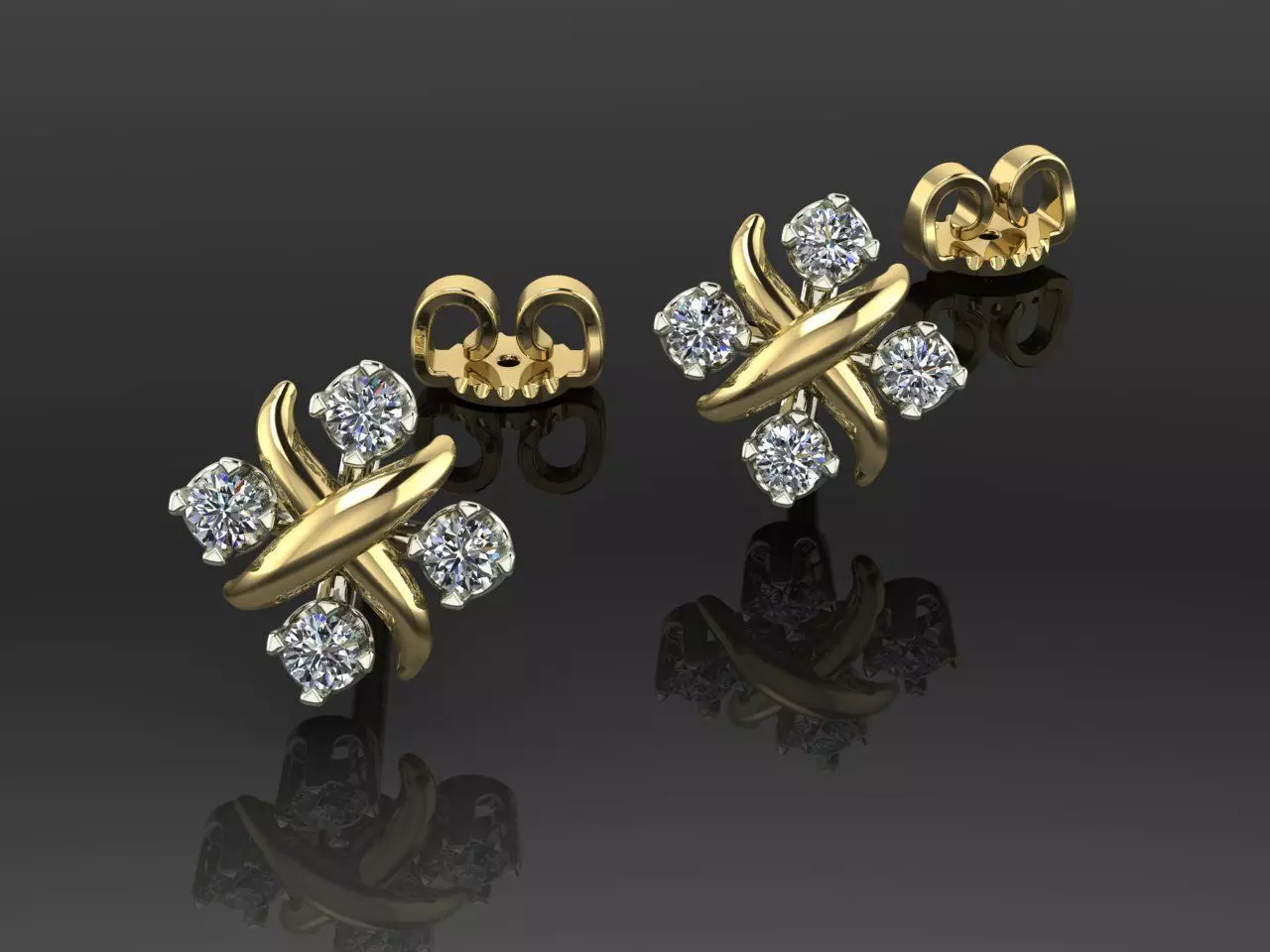 Earrings 3 diamond stud gold 3D print model_0