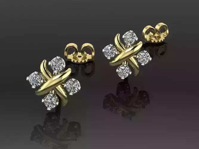 Earrings 3 diamond stud gold 3D print model
