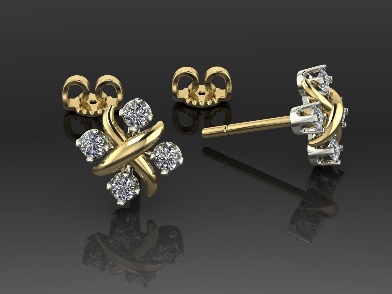 Earrings 3 diamond stud gold 3D print model_2