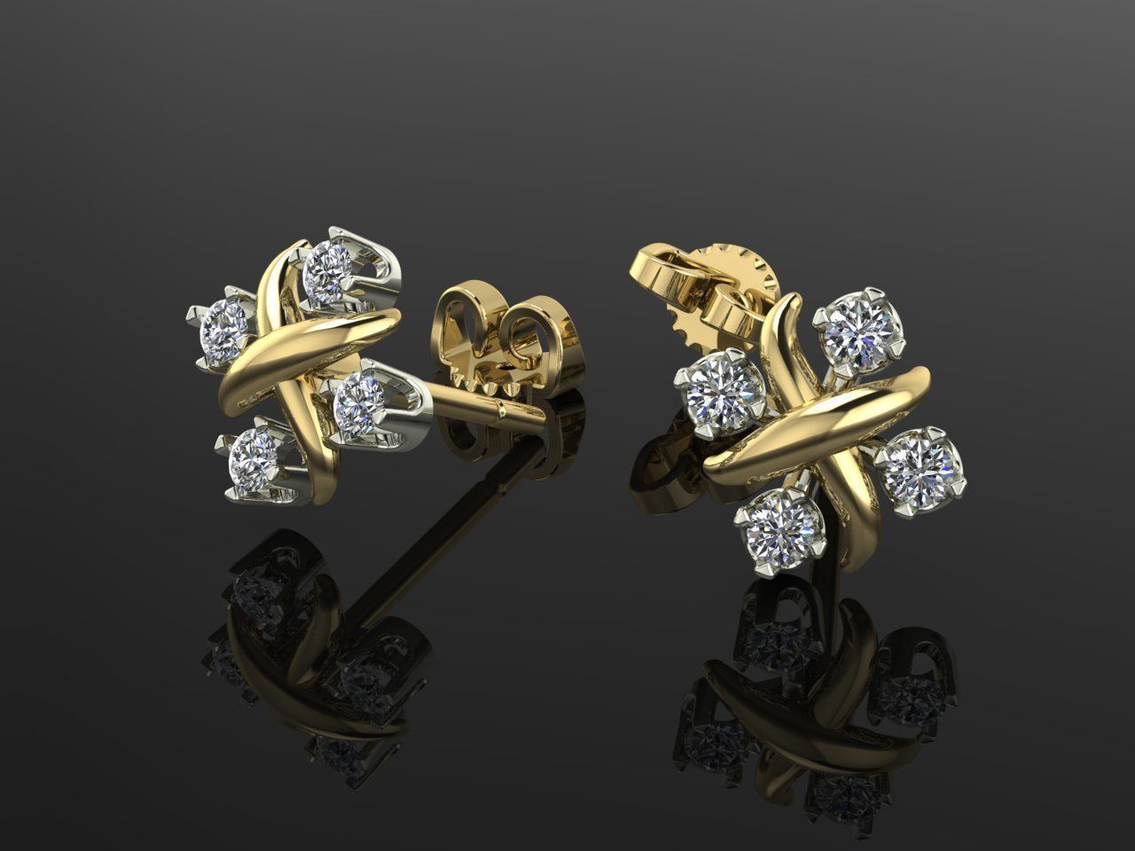 Earrings 3 diamond stud gold 3D print model_3
