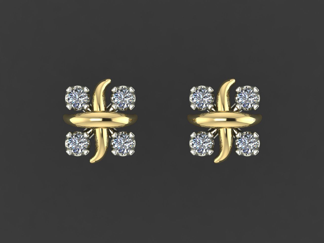 Earrings 3 diamond stud gold 3D print model_5
