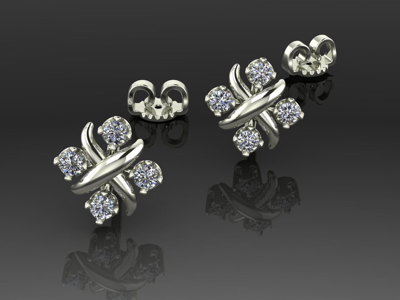 Earrings 3 diamond stud gold 3D print model_1