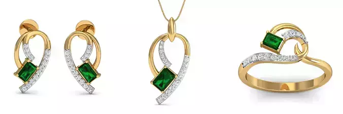 Square Emerald Fashion Earring - Pendant - Ring Set