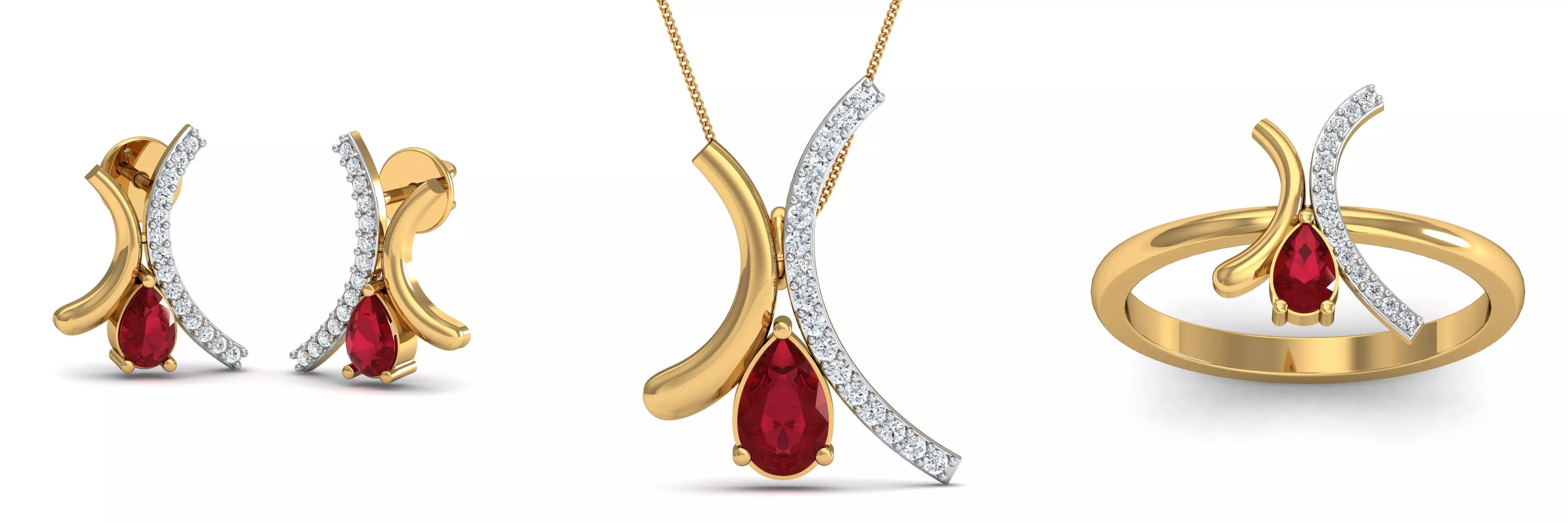 Ruby X Shaped Fashion Earring - Pendant - Ring Set 3D print model