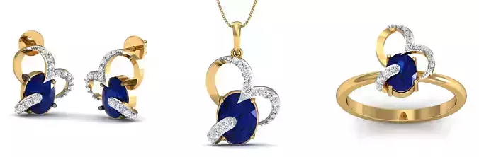 Heart Blue Sapphire Fashion Earring - Pendant - Ring Set