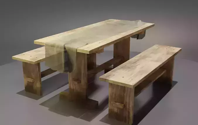 Rustic Wooden Picnic Dining Table Low-poly 3D model