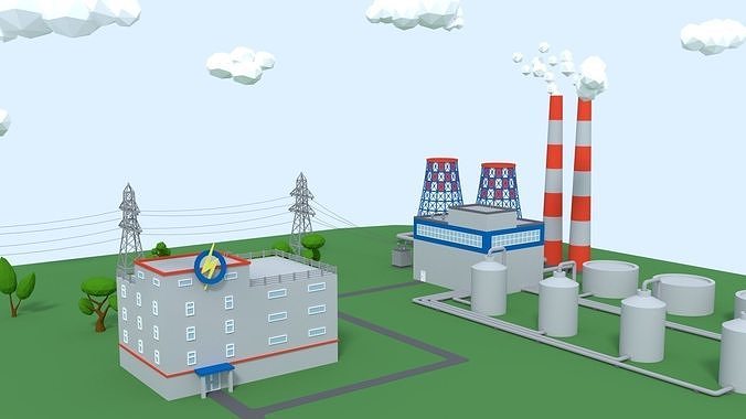 Cartoon Low Poly Thermal Power Plant 3D model