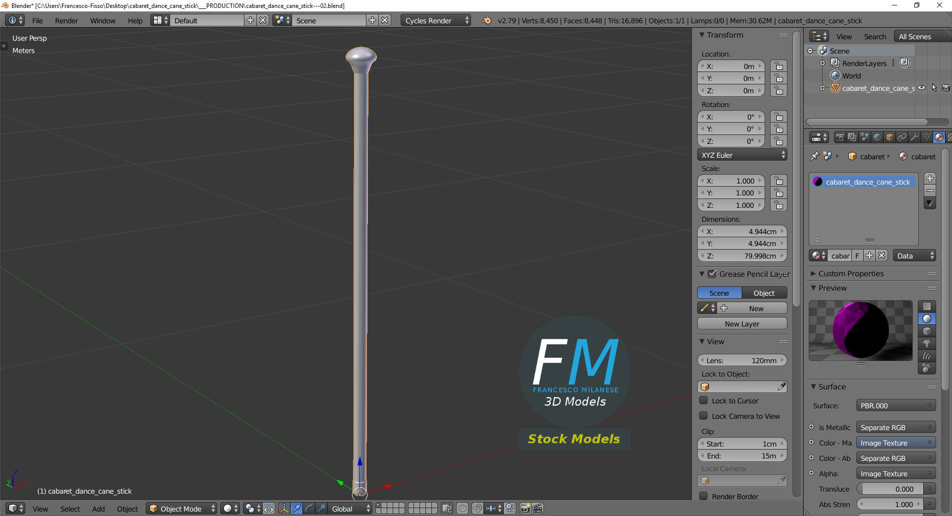 Cabaret dance cane stick 3D model_9