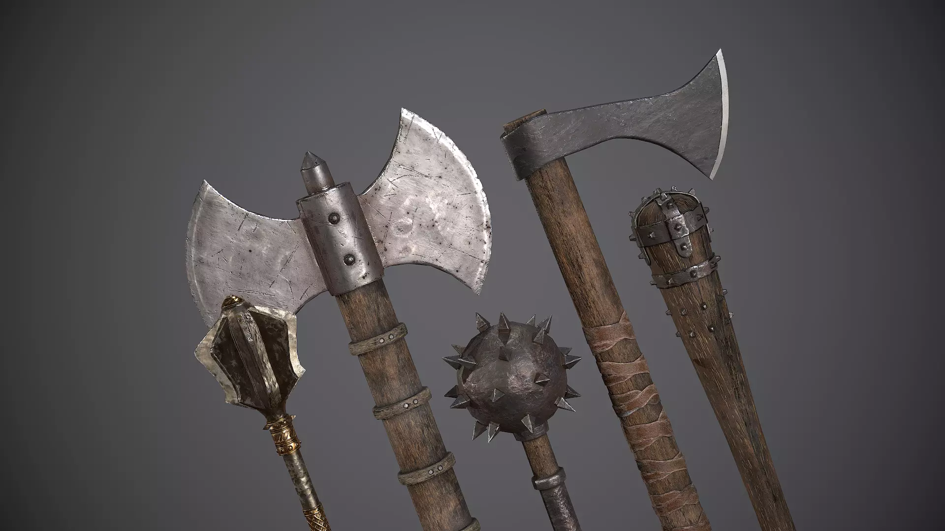 Medieval Axes and Clubs Low-poly 3D model