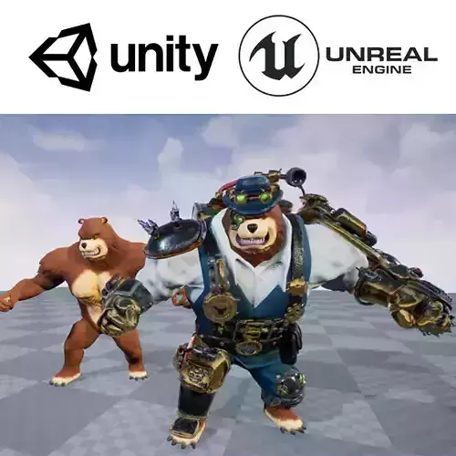 RPG Animset Steampunk Bear Fight and Movement Low-poly 3D model