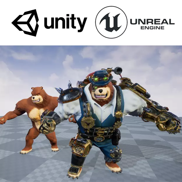 RPG Animset Steampunk Bear Fight and Movement Low-poly 3D model_0