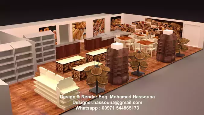 3d modeling bakery store with shelves and tables