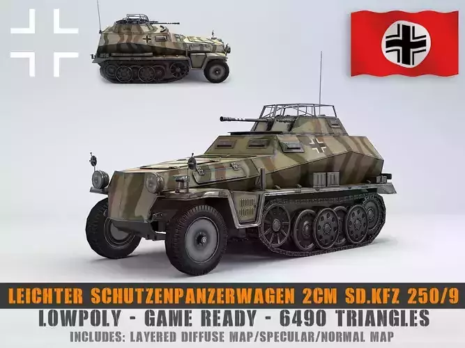 Low Poly  SdKfz 250 9 2cm Leichter Schutzenpanzerwagen Low-poly 3D model
