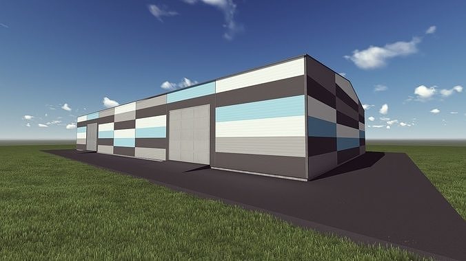 Warehouse industrial building with stripes Low-poly 3D model