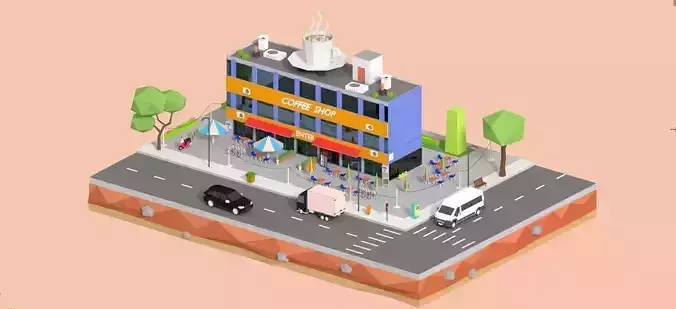 Low Poly Corner Coffee Shop Low-poly 3D model