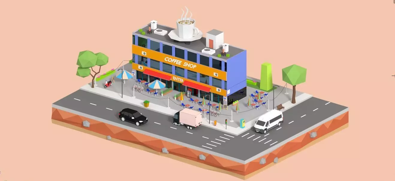 Low Poly Corner Coffee Shop Low-poly 3D model