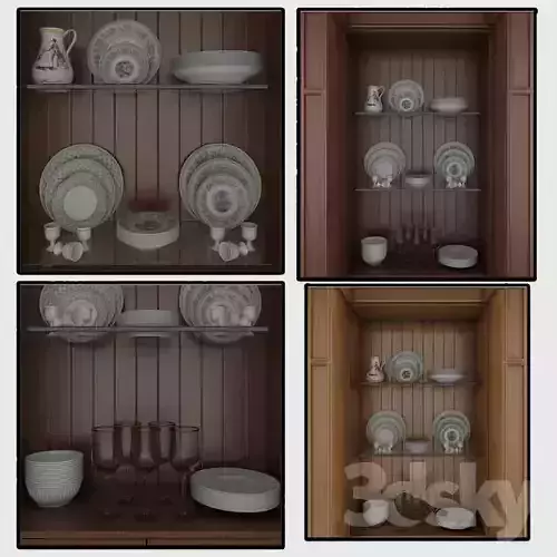 Buffet two wooden cabinets with glass doors Low-poly 3D model