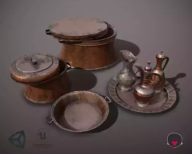 copper Dishes and pitcher Low poly PBR game ready