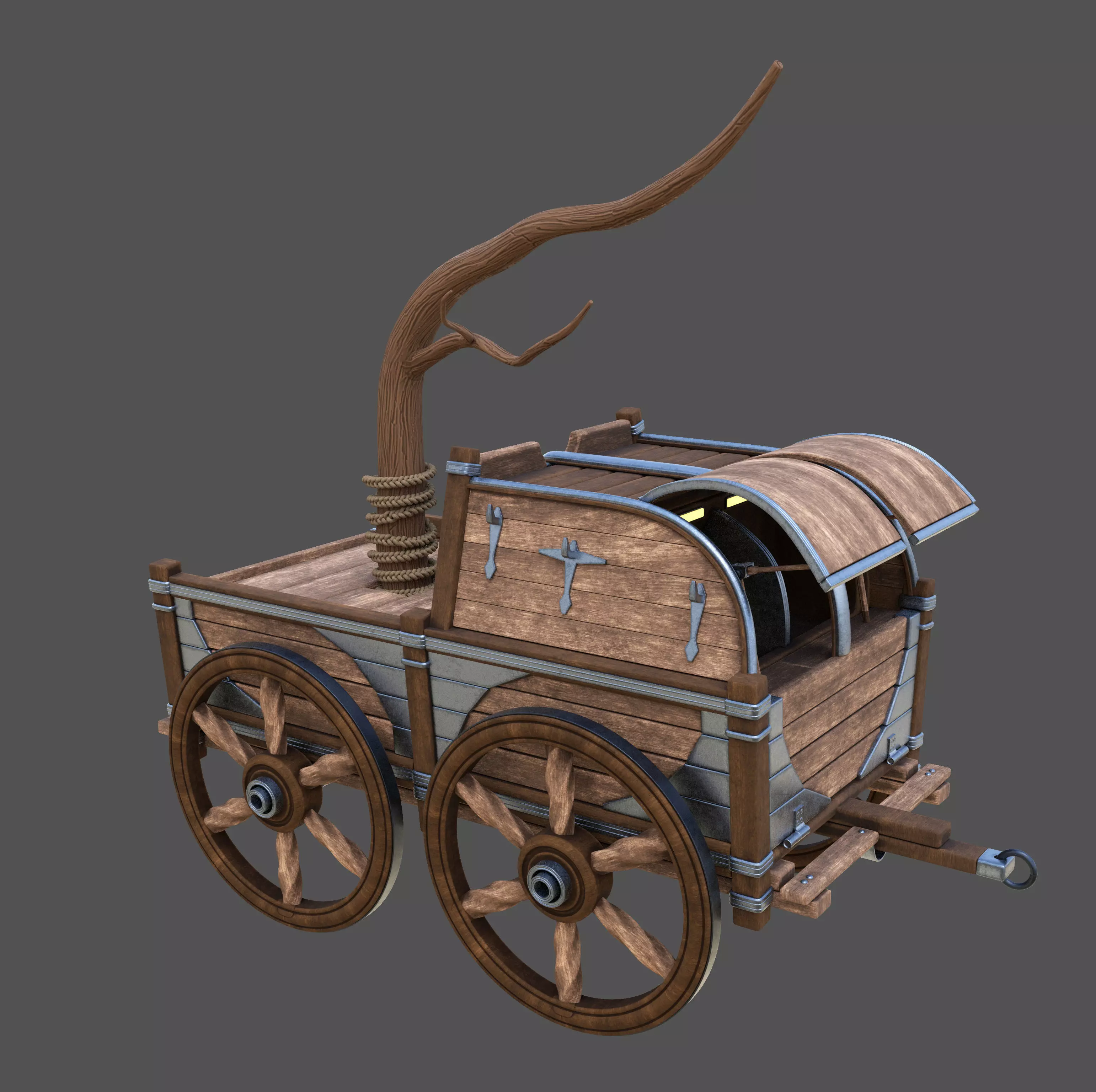 Caravan - 3 wooden wagon with tree 3D model_0