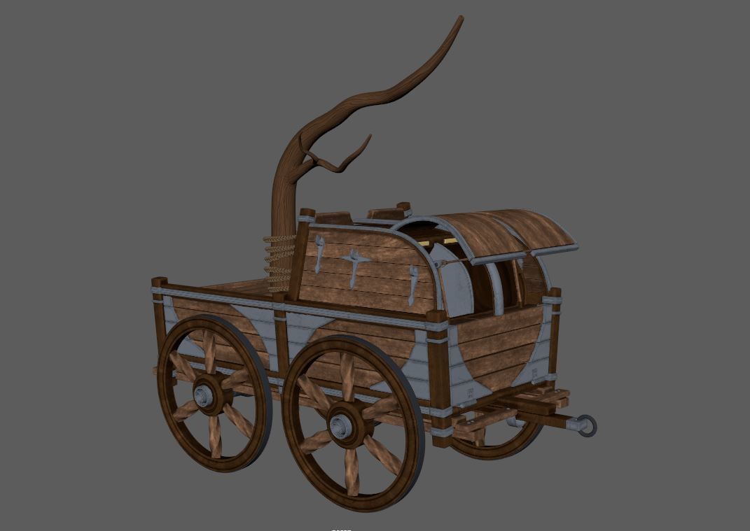 Caravan - 3 wooden wagon with tree 3D model_1