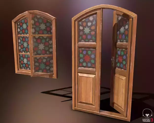 Old Wooden Door and Window Low poly PBR  Low-poly 3D model